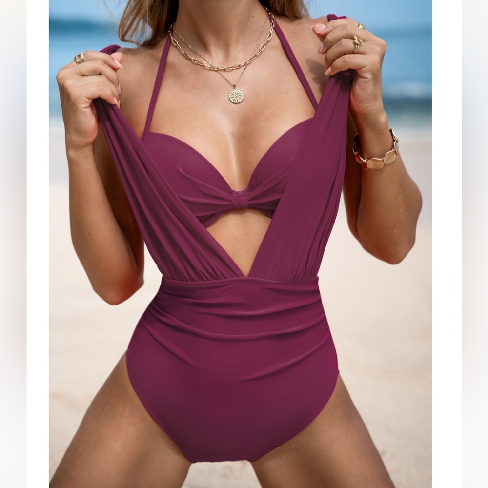 Cupshe Glistening Drape Red Swimsuit Set